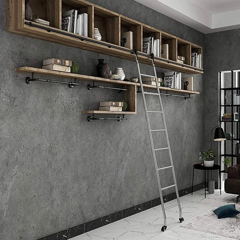 Rock Solid Sliding Barn Door Hardware Kit Featuring Adjustable Rails Smooth Rolling Carriages And Sturdy Floor Guides in use with wall ladder shelving.