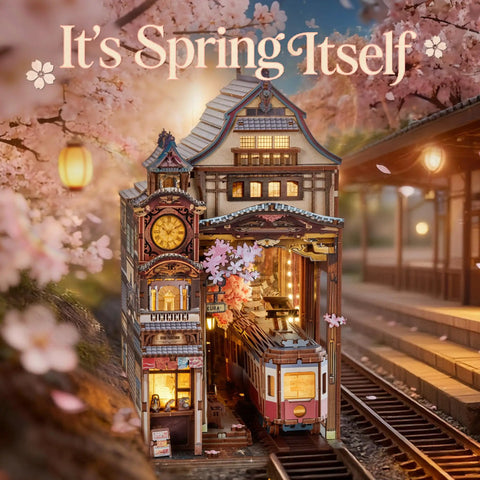 Cherry Blossom Sakura Train Book Nook Kit With LED 3D Wood Puzzle And Infinity Mirror in spring-themed setting