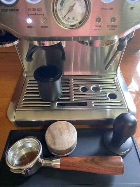 58Mm Bottomless Portafilter With Wooden Handle Compatible With Breville Espresso Machines BES900XL BES920XL BES980XL BES990BSS Includes Filter Basket on espresso machine setup.