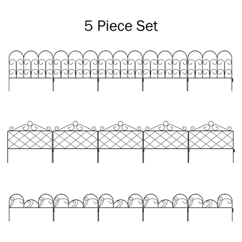 Image showing a Metal Garden Fencing Set Of 5 Interlocking Panels For Flower Beds And Landscaping Decorative Scroll Edging With Lawn Stakes Seven Point Six Feet Of Border Durable Black Patio Ready Yard Border.