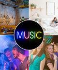 Music Neon Sign LED Wall Light Neon Letters For Bedroom Game Room Bar Club Party Decor Colorful Mood Lighting Perfect For Home Christmas Party And Holiday Lit Vibe in various settings.