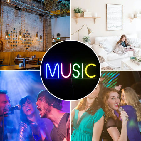 Music Neon Sign LED Wall Light Neon Letters For Bedroom Game Room Bar Club Party Decor Colorful Mood Lighting Perfect For Home Christmas Party And Holiday Lit Vibe in various settings.