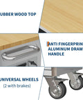 61 Inch Rolling Tool Chest With Locking Wheels And 9 Drawers, Solid Rubber Wood Top, metal handle, four caster wheels.