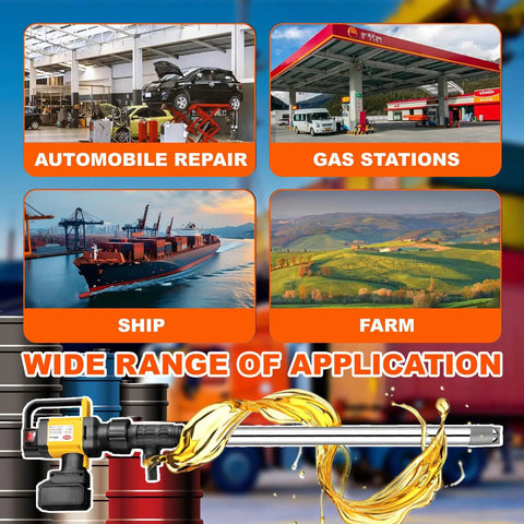 Handheld Cordless Oil Pump With 2 Batteries And 100W Motor For Liquid Transfer Adjustable Speed Up To 7M Lift on a barrel, showing applications in various settings.