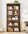 Heavy Duty Six Tier Industrial Bookshelf With Fresh X Pattern Accents 71 Inch Tall, displaying books and decor in modern living room.