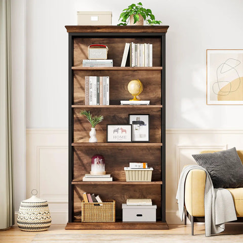 Heavy Duty Six Tier Industrial Bookshelf With Fresh X Pattern Accents 71 Inch Tall, displaying books and decor in modern living room.