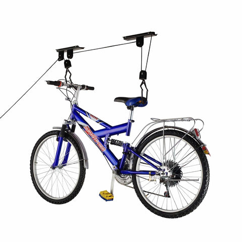 Bike Hoist For Garage Storage Ceiling Lift With 100 Lb Capacity Easy Install Rubber Coated Hooks holding a blue bike