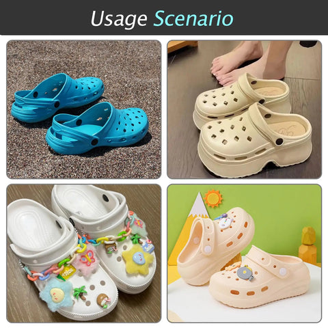 Different styles of Crocs footwear showcasing decorative buttons, ideal for use with Crocs Strap Rivet Kit 10 Pcs.
