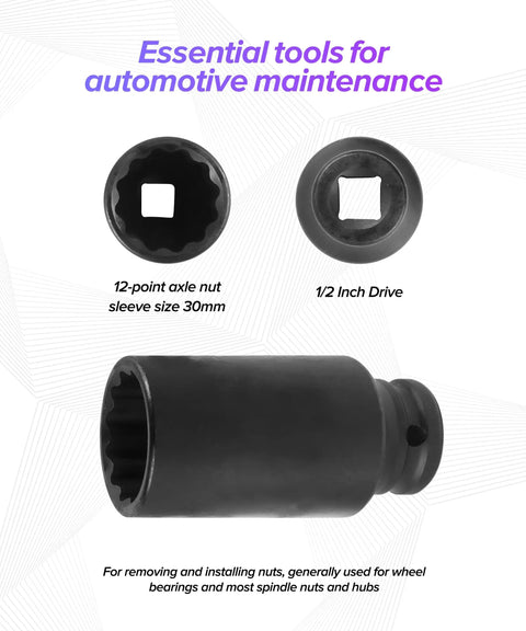 Shop Ready 30mm 12 Point Deep Well Impact Axle Nut Socket, black chrome vanadium, 1/2 inch drive for automotive maintenance.