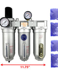 1 Inch NPT Beefy Industrial Grade Filter Regulator Coalescing Desiccant Dryer System With Auto Drain 3 Stage For Compressed Air Lines Metal Bowls Great For Paint Spray And Plasma Cutter Wall Mount Ready with dimensions shown