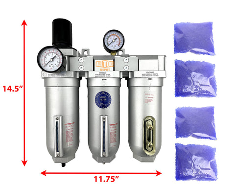 1 Inch NPT Beefy Industrial Grade Filter Regulator Coalescing Desiccant Dryer System With Auto Drain 3 Stage For Compressed Air Lines Metal Bowls Great For Paint Spray And Plasma Cutter Wall Mount Ready with dimensions shown