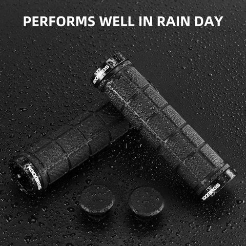 Double Lock On Bike Handlebar Grips Set 4 Pcs 2 Pairs Non Slip Comfortable Rubber Grips in black, wet with raindrops