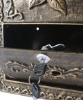Close-up of Vintage Wall Mounted Mailbox With Lock Cast Aluminum Outdoor Letter Box, showing key in lock and decorative details.