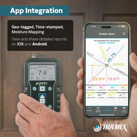 Moisture Encounter MEX5 No-Nonsense Digital Moisture Meter For Quick Pro Grade Moisture Content And Relative Humidity Readings In Wood Drywall And Building Materials With Dual Depth Surface And Core Measurements Plus Optional External RH Probe shown with app on smartphone for moisture mapping.