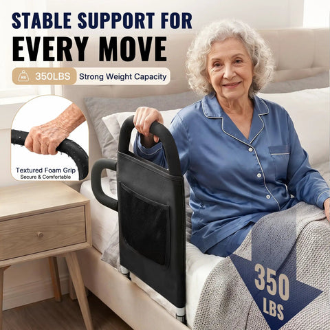 Senior using Bed Assist Rail For Seniors Easy To Use And Safe With A Non Slip Grip Handle For Sit Up And Stand Helps Prevent Roll Offs