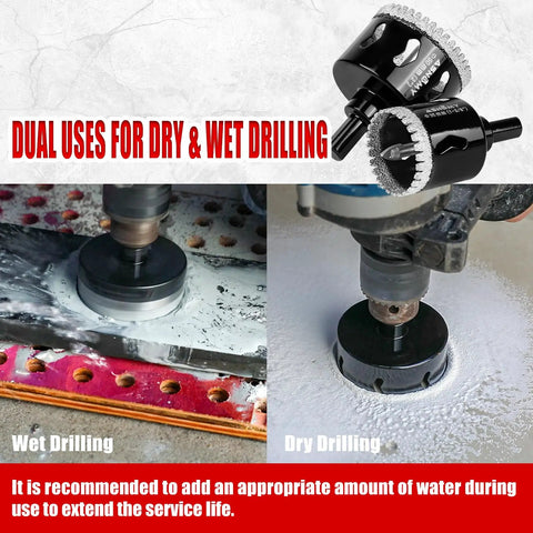 4 Inch Diamond Hole Saw Kit With Pilot Drill Bit, Serrated Brazed Diamond Core Drill Bits For Ceramic Tile Porcelain Glass Stone Granite Marble, Guiding Bit Included, Built To Last And Rust Resistant shown for wet and dry drilling use.