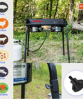 Stove Leg Thumb Screws Replacement 6 Pack Durable Plastic Fasteners Easy Tool Free Install Camp Chef Compatible Stoves Including EX60 DL60 CT32 CC60 TB90 SHPRL SL30L Secure Fit for Cooking Grills and Ranges shown in outdoor setting and close-up view.