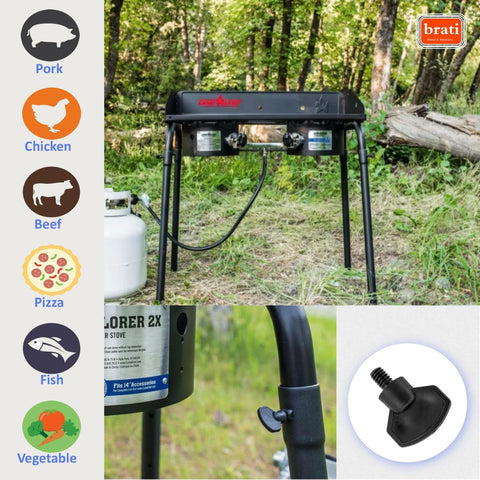 Stove Leg Thumb Screws Replacement 6 Pack Durable Plastic Fasteners Easy Tool Free Install Camp Chef Compatible Stoves Including EX60 DL60 CT32 CC60 TB90 SHPRL SL30L Secure Fit for Cooking Grills and Ranges shown in outdoor setting and close-up view.