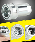 Front view of silver 1/2-inch ISO 5675 poppet hydraulic quick-connect coupler with dust caps