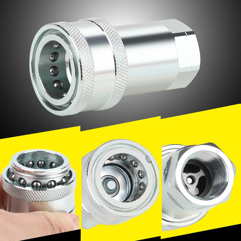 Front view of silver 1/2-inch ISO 5675 poppet hydraulic quick-connect coupler with dust caps