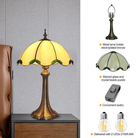 Tiffany Style Table Lamp With Yellow Stained Glass, Cozy Glow For Bedroom And Living Room, 12 X 12 X 18 Inches, LED Bulbs Included, Vintage Vibe Accent Light displayed on a side table