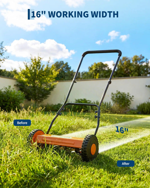 Compact 16 Inch Push Reel Lawn Mower With Five Blade Manual Reel Cutter Adjustable Cutting Height Walk Behind For Small Yards Orange Finish scissor-like cut