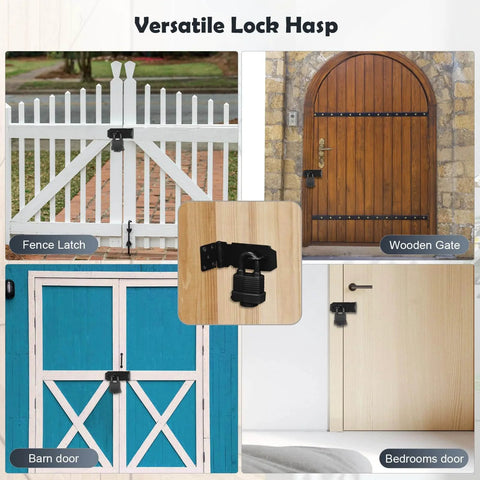 4 Inch Stainless Steel Hasp Latch With Padlock Keys And Screws, installed on various gates and doors, showing versatility of heavy duty black waterproof gate lock.