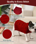 French Bulldog wearing a red Cozy As Heck 2 Pack Dog Sweaters For Medium Breeds, Size L, showcasing turtleneck and cable knit design.