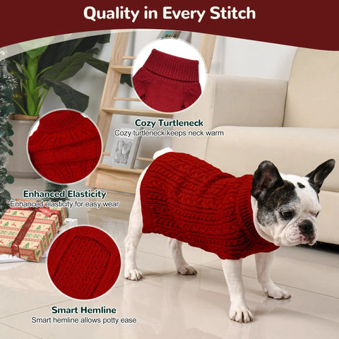 French Bulldog wearing a red Cozy As Heck 2 Pack Dog Sweaters For Medium Breeds, Size L, showcasing turtleneck and cable knit design.