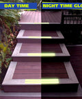 Day and night view of stairs with Grippy Black Grip Tape For Stairs And Outdoor Use, showing glow effect and safety feature.