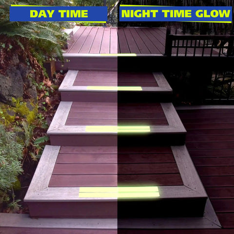 Day and night view of stairs with Grippy Black Grip Tape For Stairs And Outdoor Use, showing glow effect and safety feature.
