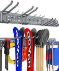 Heavy Duty 48 Inch Garage Tool Organizer Wall Mount With 10 Adjustable Hooks Holds Up To 400 Lbs For Garage Shed Garden Yard Organization Storage Rack Grey Sturdy As Nails showing various tools and gear hanging neatly.