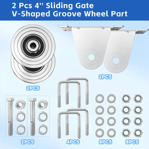2 Pack 4 Inch V Groove Gate Wheel Kit For Inverted V Track Sliders Heavy Duty Solid Steel Wheels with Mount Brackets