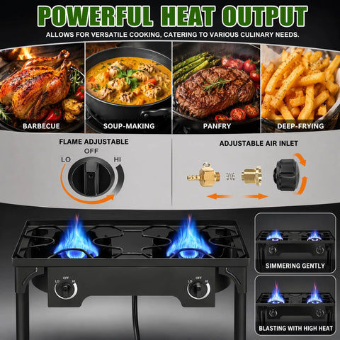 Two Burner Propane Stove For Outdoor Cooking With 150,000 BTU Total showing flame control and cooking versatility.
