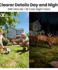Day and night comparison with child playing soccer and deer at night, showcasing 4 Camera Solar Powered Outdoor Wireless Security Kit With No Subscription 5MP Ultra HD 360 Degree Auto Motion Tracking 3K Color Night Vision Magnifier Zoom 5G And 2.4G Router Compatible.