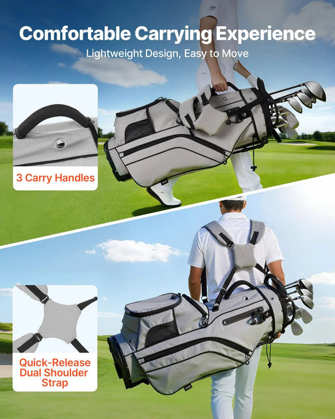 Man carrying Golf Cart Bag With 14 Way Top Divider And Full Length Dividers 2 In 1 Design Dual Shoulder Straps Lightweight Polyester