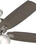 Close-up of 52 Inch Indoor LED Ceiling Fan With Pull Chain Lights, Brushed Nickel Finish, Five Blades, Standard Mount, No Remote.