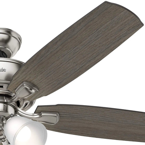 Close-up of 52 Inch Indoor LED Ceiling Fan With Pull Chain Lights, Brushed Nickel Finish, Five Blades, Standard Mount, No Remote.