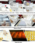 Automatic Cookie Press And Biscuit Maker in use, showing mixing, shaping, baking process with 8 nozzles and 6 cookie patterns.