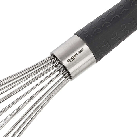 Close-up of a Stainless Steel Balloon Whisk with ergonomic black handle, part of a 3 Piece Set with 9 Inch 10 Inch and 11.5 Inch sizes, dishwasher safe.