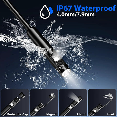 Dual-Lens 1920P HD Endoscope With Light, 8 Plus 1 Adjustable LEDs, semi-rigid cord, IP67 waterproof inspection camera in water
