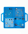 Blue Silicone Fastener Tray For Bolts, Nuts, And Bits With Handy Handle, holding various fasteners, on white background