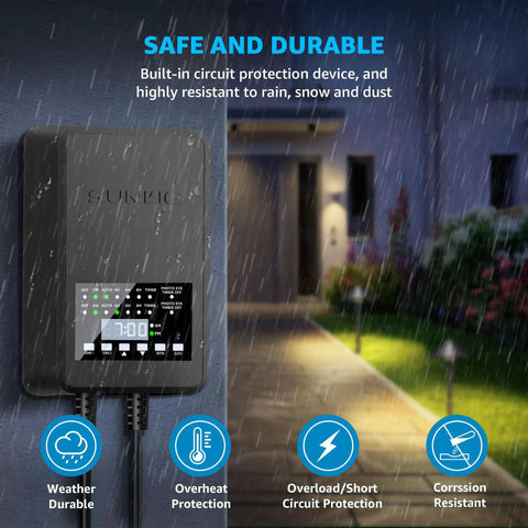 Dual Output 300W Low Voltage Landscape Transformer With Timer and Photocell Sensor on outdoor wall in rain