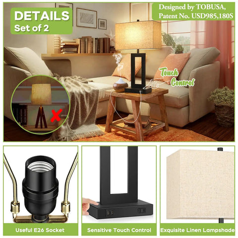Set Of 2 Touch Control Table Lamps With Two USB Ports Three Way Dimmable Modern Nightstand Lamps For Bedside Desk With Fabric Cream Shade Perfect For Bedroom And Living Room Reading Bulbs Included in a living room setting