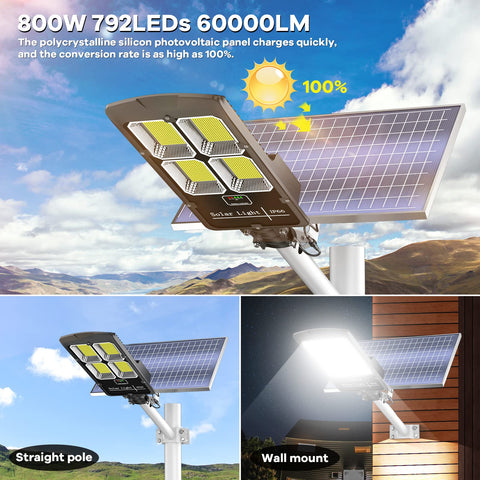 800W Dusk To Dawn Solar Street Light With 792 LED Beads, 60000 Lumens Of Hella Bright Output, IP66 mounted outdoors