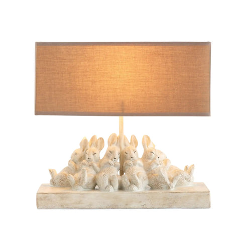 Whitewashed Rabbit Table Lamp With Sand Colored Linen Shade Cute Bunny Night Light For Farmhouse Nursery And Woodland Decor Cozy Bedroom Accent With Six Sleeping Baby Bunnies At The Base.