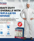 Man in Disposable Hazmat Coveralls With Hood Full Body Protective Overalls 5 Pack White 2X Large for Extreme Work