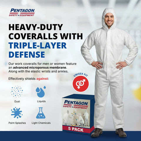 Man in Disposable Hazmat Coveralls With Hood Full Body Protective Overalls 5 Pack White 2X Large for Extreme Work