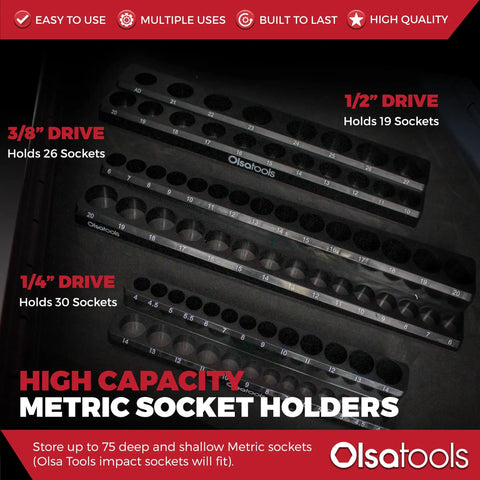 Magnetic Socket Organizer Set, 3-Piece Drive Metric Socket Holder With Strong Magnets, Holds Up To 75 Sockets, Pro Grade Tool Organizer, Heavy-Duty Black Stand for Quick Access and Tidy Workshop, Part 1151