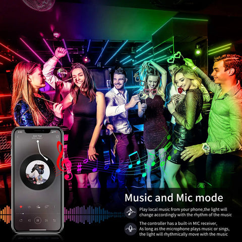 People dancing with 60Ft Bluetooth LED Strip Lights With Music Sync, visible on walls, app on phone showing music control feature.